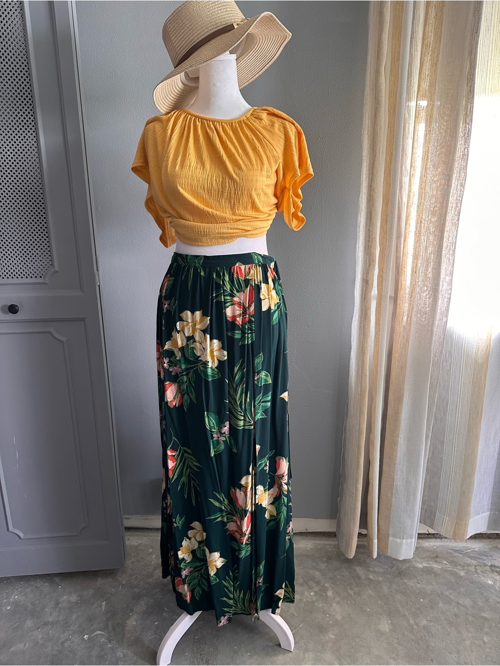 Women’s Floral Maxi Skirt - Forest Green with Tropical Print